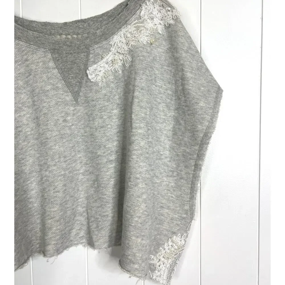Free People Cropped Gray Sweatshirt with Bead and Lace Applica Size Large - Picture 3 of 7